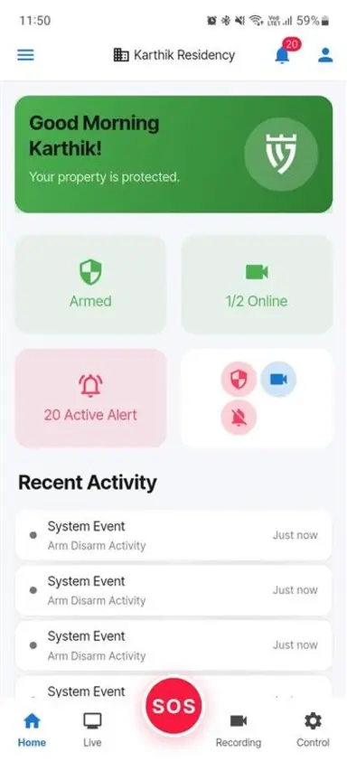 Intelitor mobile dashboard showing system status, alerts, and recent activity