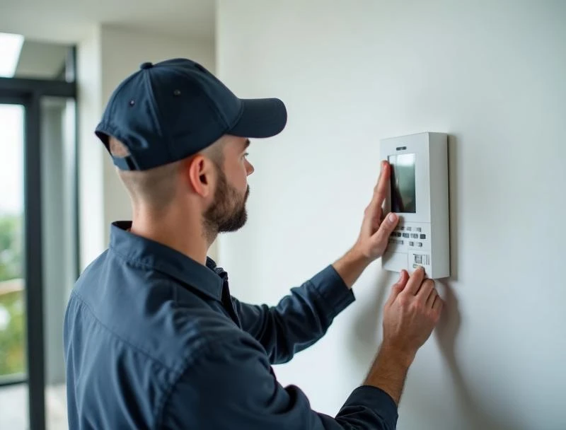 Technician installing Intelitor smart security control panel in a home