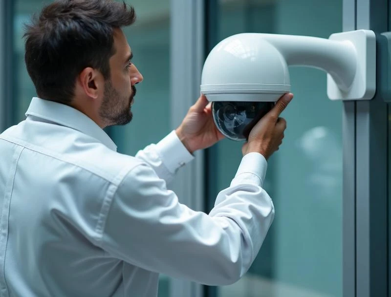 Technician performing preventive maintenance on Intelitor AI security camera