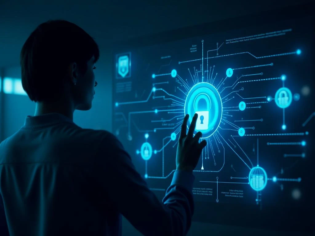 Person interacting with Intelitor AI security dashboard showing connected protection system