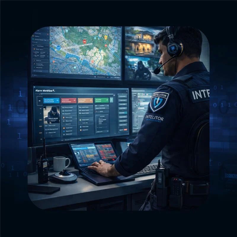 Security operator monitoring live alerts and surveillance feeds from a central control room
