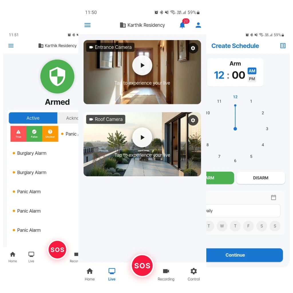 Intelitor app dashboard showing live alerts, camera feeds, and remote controls